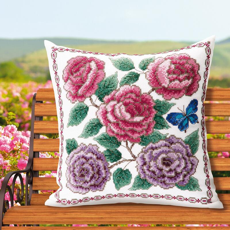 樂天商城 - Olympusクロスステッチ刺繍キット No.6060 「オールドローズと蝶」 クッション40×40cm オリムパス 花咲く庭の小さな物語