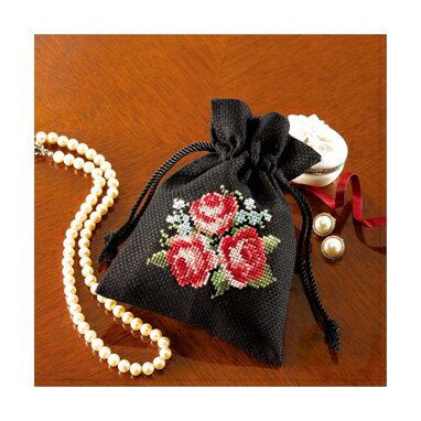 Olympusクロスステッチ刺繍キット No.9017 「きんちゃく バラ」 花刺しゅうの優しい小物 Flower motif embroidery kit series 巾着袋