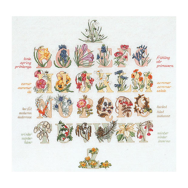 Thea Gouverneur クロスステッチ刺繍キットNo.2025A「Floral Alphabet」 布:綿アイーダ (花のアルファベット・サンプラー) オランダ テア・グーヴェルヌール 【取り寄せ/納期40〜80日程度】
