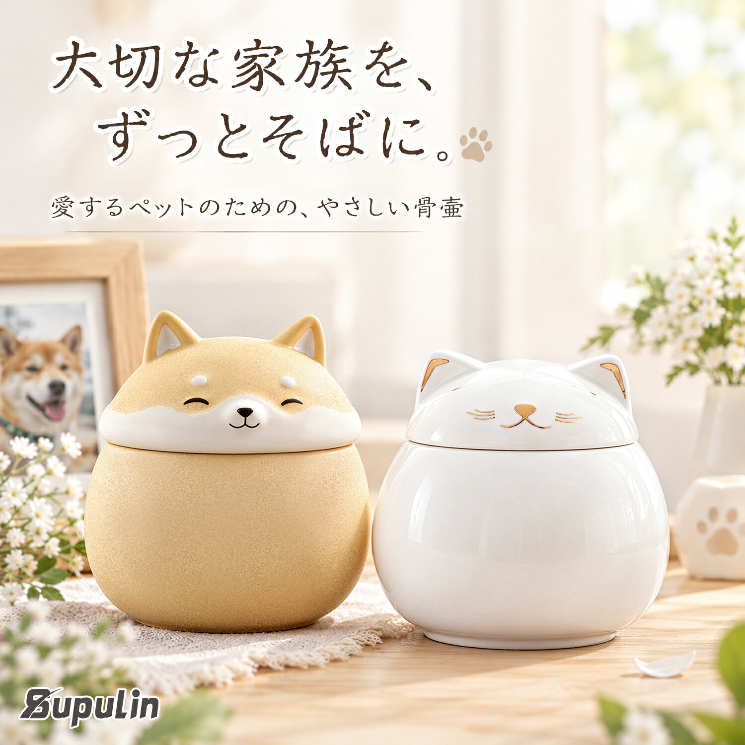商品説明 商品名 ペット骨壺 商品仕様 商品タイプ：ペット用ミニ骨壺 デザイン：猫型・柴犬型 用途：ペットの遺骨、毛、爪などの保管・手元供養 【柴犬型】 サイズ：約 幅8.9cm × 高さ9.3cm 重量：約286g 容量：約220ml 【猫型】 サイズ：約 幅9cm × 高さ7.8cm 重量：約255g 容量：約220ml ※サイズ・重量は目安です。製造工程により多少の誤差が生じる場合があります。 商品特徴 【大切な家族を、いつもそばに】 一緒に過ごした大切なペットとの思い出を、いつまでも身近に。愛らしい猫型・柴犬型のデザインで、ペットへの想いに寄り添うミニ骨壺です。 【コンパクトで置きやすいミニサイズ】 手のひらに収まるコンパクトなサイズ感。リビングや寝室、ペット用のメモリアルスペースなど、さまざまな場所に置いていただけます。 【遺骨や思い出の品を大切に保管】 蓋を外すと、内部に遺骨や毛、爪などの思い出の品を納めることができます。大切な家族との思い出を、そっと身近に感じられるアイテムです。 【蓋の裏側に不織布シートを採用】 蓋の裏側には不織布シートを採用。蓋と本体の隙間を抑える構造で、大切な遺骨や思い出の品の保管をサポートします。 【選べる2種類のデザイン】 やさしい表情の柴犬型と、上品で愛らしい猫型の2種類をご用意しました。大切なペットの姿を思い浮かべながら、お好みのデザインをお選びいただけます。 【インテリアになじむやさしいデザイン】 シンプルでかわいらしいフォルムは、お部屋の雰囲気になじみやすく、ペットの写真やお花と一緒に飾るメモリアルアイテムとしてもおすすめです。 おすすめの用途 ・愛犬・愛猫の遺骨の保管 ・ペットの毛や爪など、思い出の品の保管 ・ご自宅での手元供養 ・ペット用メモリアルスペースの飾り付け ・大切なペットを偲ぶメモリアルグッズとして ご使用上の注意 ※本商品はペット用の骨壺です。用途をご確認のうえご使用ください。 ※蓋はしっかりと閉めてください。持ち運びの際は本体を両手で支え、落下や転倒にご注意ください。 ※強い衝撃を与えたり、落としたりすると破損する恐れがあります。お取り扱いには十分ご注意ください。 ※小さなお子様やペットの手の届かない場所に保管してください。 ※商品画像は撮影環境やモニター設定により、実際の色味と異なって見える場合があります。 ※サイズ・重量には個体差が生じる場合があります。あらかじめご了承ください。 ※本商品は完全密閉を保証するものではありません。保管環境や用途に応じてご使用ください。 関連キーワード ペット骨壺 ペット用骨壺 ミニ骨壺 骨壺 猫 犬 柴犬 猫型 犬型 ペット供養 ペット仏具 ペットメモリアル メモリアルグッズ 遺骨入れ 遺骨ケース ミニサイズ コンパクト 小型 分骨 手元供養 ペットロス 思い出の品 毛 爪 収骨 かわいい おしゃれ ペット用品 ペット供養グッズ