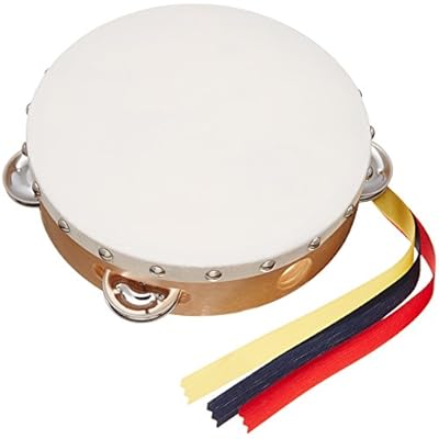 野上木工 タンバリン 18cm クリア（木目・白枠） 牛革付 スズ（ジングル）5穴 3色リボン付 0200003