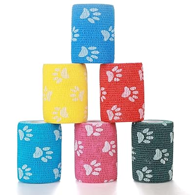 ペットフレックス テーピング 自着性 弾性包帯 バンテージ ペット 犬用 猫 不織布 伸縮性 通気性 厚手タイプ 6巻入 5cm*4.5m (カラー混合 1-6pcs 7.5cm)