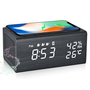 目覚まし時計 めざまし時計 スピーカー Bluetooth5.0 Qiワイヤレス充電器 3組アラーム 木目 置き時計 デジタル時計 卓上時計 湿度 温度計機能 年月日表示 メモリバッテリー付き 電波法技適 Qi認証(ブラック)