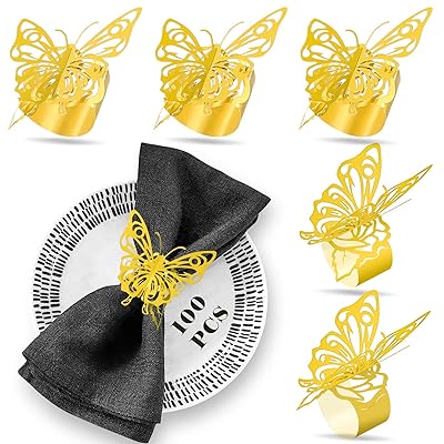 100個のバラと蝶ナプキンリング、テーブル装飾用のゴールドのナプキンリング、ナプキンリング100セット、豪華宴会スタイル用、繰り返し使えるペーパーナプキンリング、結婚式、誕生日、記念日などに