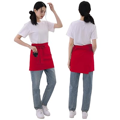 ハーフエプロン サロン カフェエプロン 前掛け 幅広 ガーデン ポケット付き 調節可能 作業 仕事用 女性用 男性用 大きめサイズ 保育士 メンズ MF0022-Red
