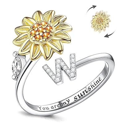 女性用フィジェットリング、ひまわりのサイズ調整可能なスピナーリング、シルバー スタッカブル ストレス リリーフ 抗不安レター フィンガー サークル、ジュエリーリ...
