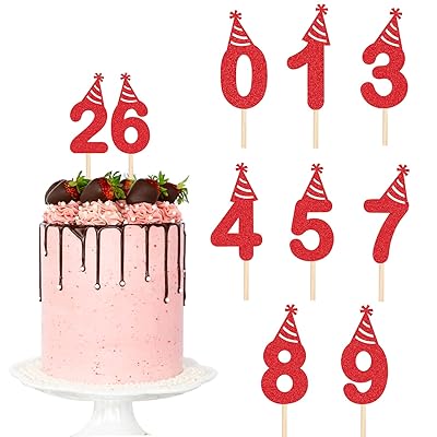 ケーキトッパー キラキラ 番号0-9 カップケーキ お誕生日 パーティーの装飾 結婚記念日 ハッピーバースデー 10個 数字 ケーキトッパー - レッド