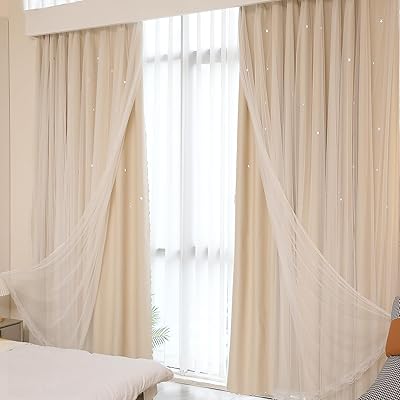 カーテン 姫系 4枚セット 遮光 丈110cm*幅100cm レースカーテン付き 星柄 おしゃれ 厚手 フック付き タ..