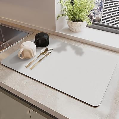 水切りマット 珪藻土 速乾吸水マット 食器乾燥マット 丸めて収納 滑り止 皿置き 速乾性 耐油性 お手入れ簡単 (40X60CM, シルバーグレー)