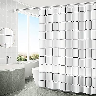 シャワーカーテン 防水防カビ加工 カーテンリング付属 シャワールーム用カーテン 浴室カーテン バスルーム バスタブ リング付属 お風呂場 浴室の目隠し (黒白, 80×180cm)
