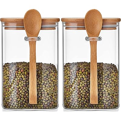 ポカロティー キャニスター ガラス保存容器 コーヒー ガラス瓶 保存瓶 1150ml 2点セット 砂糖 塩 容器 密閉 竹製の蓋・スプーン付き 気密性が良い