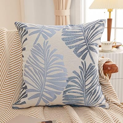 クッションカバー 55x55cm 北欧 2枚セット 綿とリネン おしゃれ 可愛い 葉の柄 ジャガード織 ファスナー式 シンプル ナチュラル モダン..