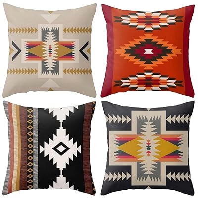 クッションカバー 45x45cm 北欧 4枚セット おしゃれ 可愛い 民族柄 リネン 亜麻 ネイティブ オルテガ柄..