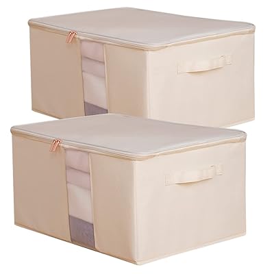 収納ボックス 収納ケース パースペクティブ ストレージ ボックス(2個セット) ジッパー と ハンドル付き 防水 600D オックスフォード (L-45x35x25cm)布 素材 洗濯可能 衣類 収納 ボックス キャビネット収納 ベージュ