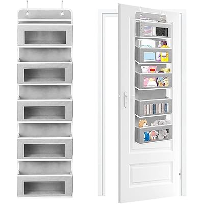 ウォールポケット 5段 吊り下げ収納 ドア掛け収納 キッチン収納 折りたたみ式 おしゃれ クローゼット収納 小物収納 洋服 ぬいぐるみ タオル 下着 おもちゃ 雑誌 書類/漫画 日常雑貨 収納 覗き窓付き2 x フック付き(5段/グレー)