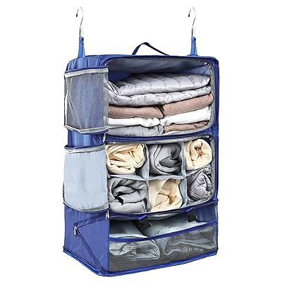 吊り下げ収納バック 収納ボックス トラベルポーチ 旅行グッズ 圧縮ポーチ 吊り下げ トラベルクローゼット インナーバッグ 整理収納 分類 衣類 服 洋服入れ 持ち運べる クローゼット 大容量 3段 たびとり 旅トラ 旅行 出張 (Blue, XXL)