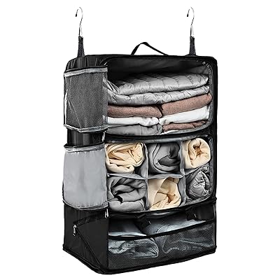 吊り下げ収納バック 収納ボックス トラベルポーチ 旅行グッズ 圧縮ポーチ 吊り下げ トラベルクローゼット インナーバッグ 整理収納 分類 衣類 服 洋服入れ 持ち運べる クローゼット 大容量 3段 たびとり 旅トラ 旅行 出張 (Black, XXL