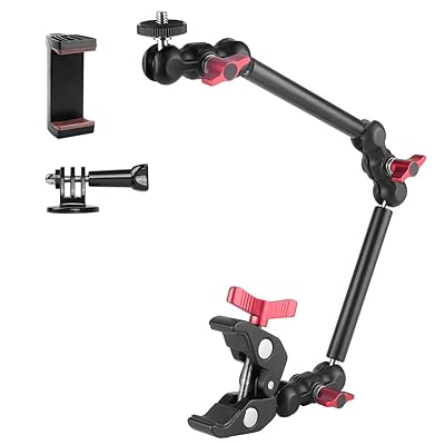 スーパークランプ マジックアーム 16.9インチ/43cm 一体型 カメラマウント カメラアーム フレキシブル アームスタンド 関節式 360度回転 ステンレス製 スマホクランプ& Gopro用マウント付 1/4ネジ 3/8ネジ穴 ボールヘッドアーム