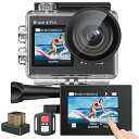アクションカメラ 4K 20MP解像度 タッチパネル式 デュアルカラースクリーン 40M防水 水中カメラ 手ぶれ補正 外部マイク対応 WiFi搭載 HDMI出力 5倍ズーム リモコン付き 1350mAhバッテリー2個付 170度広角 ウェアラブルカメ(2)