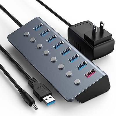 USB ハブ 3.0 8ポート拡張 【独立スイッチ付・24W電源付き・アルミニウム製・1mUSBケーブル】 高速データ転送 急速充電 超小型・軽量 MacBook/HP 17/Dell XPS/Microsoft 950XL/SAMSUNG S8/L
