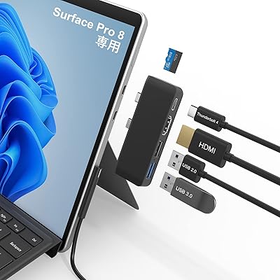 Surface Pro 8 USB ハブ 4K HDMIポート + USB-C Thunerbolt 4 (ディスプレイ+データ+PD充電) + USB3.0 + USB2.0 + TF (Micro SD) カードスロット マルチポート Surfa