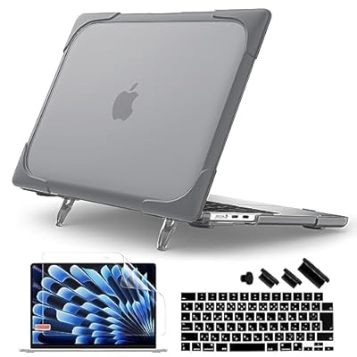 M2 MacBook Air 13.6インチパソコンケース2022、新型MacBook Air 13インチA 2681の防振保護ハードケース、折りたたみスタンド+キーボードカバー+スクリーンプロテクタ付き、グレー