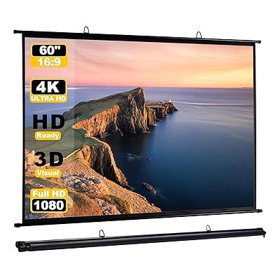 プロジェクター スクリーン 吊り下げ、スクリーン プロジェクター用、スクリーン 60インチ 16:9 ファイバーグラス、プロジェクタースクリーン持ち運びや収納に便利なコンパクトサイズで、ホームシネマ、ビジネスプレゼンテーション、屋内外のエンターテイメ
