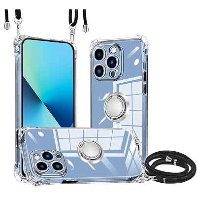 iPhone 13Pro 用 ケース クリア ショルダー リング付き iPhone 13pro カバー 肩掛け 首掛け 縄掛け 斜めがけ 紐付き 長さ調整可能 韓国 耐衝撃 米軍MIL規格取得 スタンド機能 角度調整可 TPU 縦/横 2WAY 取り