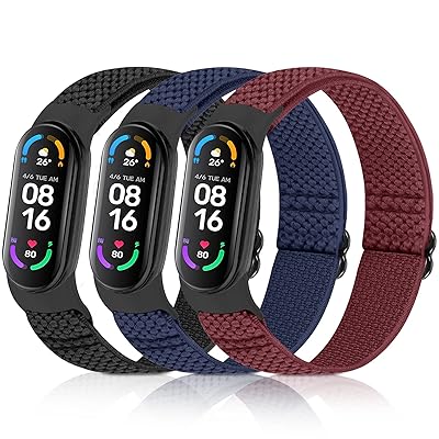 コンパチブル Xiaomi Mi Band 7/6/5 バンド 、弾性スポーツ 柔らかく快適で通気性の良い無段階で長さ調節ナイロンループ換えバンド3 Pack