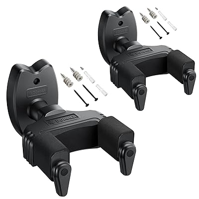 ギターハンガー 壁掛け 自動ロック ネジ付 ギターフック 高強度 ギターホルダー ベース/エレキギター/マンドリン適用 ブラック (2個)