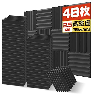 吸音材 防音シート 2.5*30*30cm 防音 遮音 防音材 壁に貼る 消音 騷音 吸音パネル 吸音対策 樂器 室內裝飾 ウレタンフォーム ウェッジ 48枚入 (30*30*2.5cm 48枚, ブラック)