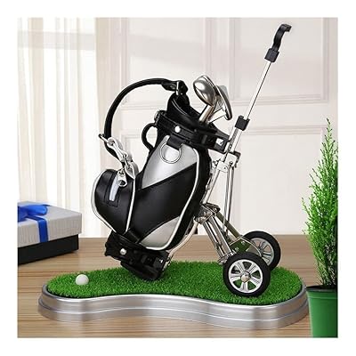 ゴルフペン ペン立て3本のペン ゴルフ景品 ゴルフ記念品 ゴルフギフト 卓上スタンド ミニPU ゴルフバッグ付き (黒+銀(芝生付き))