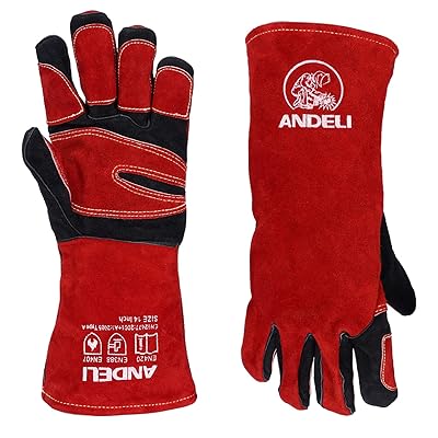 溶接手袋 耐熱グローブ レザー MIGグローブ 厚手で柔らかく 耐熱性に 二重牛革グローブ 溶接作業用 鍋つかみ 焚き火台 犬噛みつき防止 Red-Black