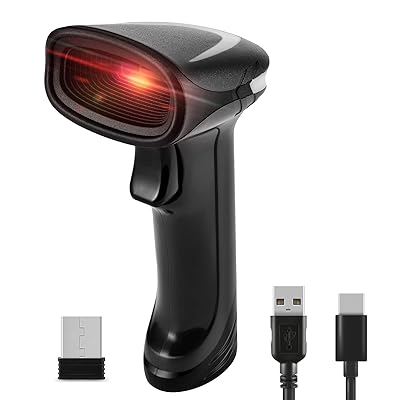 1D 2D QRワイヤレスバーコードリーダー、ポータブルハンドヘルドバーコードスキャナー2-in-1（2.4Gワイ..