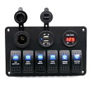 DC 12V/24V 防水スイッチパネル マリン ボート キャラバン LED回路 ロッカーパネル 5pin On/Offスイッチ LED電圧計付 デュアル USBチャージャー シガーソケット搭載