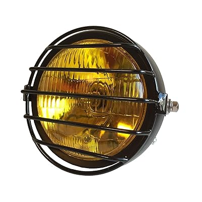 汎用 12V ヘッドライト ガード付 ビンテージ バイク ブラック (タイプ2 イエローレンズ)