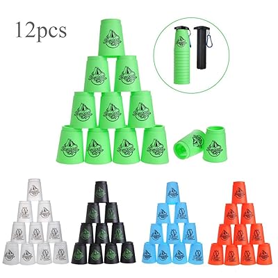 飛重ねカップ スポーツスタッキング専用 競技用 手提げ棒 収納袋 付き 厚め プラスチック製 12個セット (緑)