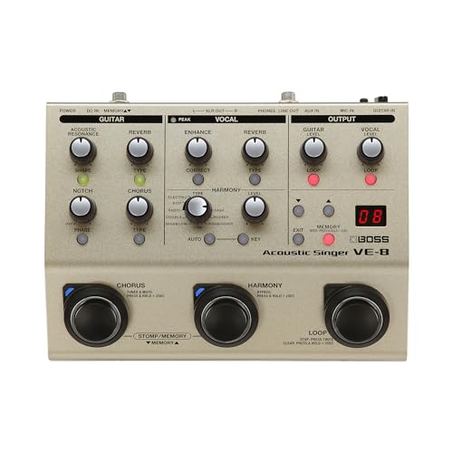 BOSS ボス アコースティックシンガー VE-8 ボーカル/アコースティックギター用エフェクター 弾き語り プリアンプ搭載 ボーカルエフェクト ルーパー機能 電池/ACの2 電源方式・コンパクトなボディに弾き語りギタリストのためのプリアンプとエフェクトを凝縮。・シンプルな操作で洗練されたプロ・クオリティのサウンドを実現。・スタジオ・クオリティのボーカル用エンハンスと4 タイプのアンビエンス、リアルタイム・ピッチ補正機能を搭載。・ギターの入力からの自動キー検出や手動でのキーを設定により、リアルタイムに自然なボーカル・ハーモニーを生成。・定番のダブリングから、劇的な変化を加えるディストーション、ラジオ・ボイス、エレクトロニック・ボイスまで幅広いボーカル・エフェクトを搭載。・自然な響きの再現にこだわって設計されたアコースティック・レゾナンスに加えリバーブ、コーラス、チューナーなど多彩なエフェクトと、ハウリング解消のためのノッチ・フィルター、フェイズ・インバーターを搭載。・ギターとボーカルをそれぞれ独立したトラックへ最大80 秒まで録音できるルーパー機能。・お気に入りの設定は50 パッチまで保存可能。・PA やステージ・モニターなど様々な接続にフレキシブルに対応できるアウトプット端子とPC レコーディング用のUSB オーディオ機能を搭載。・単三電池6 本とAC アダプター（付属）の2 電源方式。ブランド: BOSSメーカー: BOSS(ボス)型番: VE-8JAN: 0756317158476・中古品のため使用に影響ない程度の使用感・経年劣化（傷、汚れなど）がある場合がございます。 ・商品画像はイメージとなりますので、実際の商品内容やコンディションは異なる場合がございます。 ・特典・付属品・パッケージ・プロダクトコード・ダウンロードコード等は付属していない場合がございます。 ・画像はイメージですので画像の通りではないこともございます。各種ビデオデッキやプレーヤーのリモコン等は付属してない場合もございます。 商品タイトルに記載があっても限定版の付属品、特典、ダウンロードコードなどは無い場合もございます。 ・商品名に「レンタル落ち 」と記載されている商品につきましてはディスクやジャケットに管理シール（値札・セキュリティータグ・バーコード等含みます）が貼付されている場合がございます。ディスクの再生に支障の無い程度の傷やジャケットに傷みが見られる場合がありますので予めご了承ください。 ・当店ではすり替え対策店として、すり替え防止のためシリアルナンバーを控えております。 ・お客様都合によるご注文後のキャンセル・返品はお受けしておりませんのでご了承下さい。 ・ご質問等につきましてはメッセージまたはメールにてお願い致します。 ご注文からお届けまでの流れ 1.ご注文は24時間受け付けております。 2.ご注文・ご決済後、自動注文確認メールが送信されます。 3.商品の検品と梱包を行います。商品に万が一不具合などが発見されました場合にはお問合せフォーム等にてご連絡させていただきます。 4.お届けまで3-5営業日程度で発送され、発送完了後に出荷完了メールにてご連絡致します。お届け日の指定を設定しないことで最短発送となります。