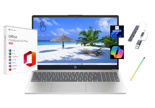 【中古】HP 2025 15.6インチHDタッチスクリーンノートパソコン、無期限Microsoft Office 2024、Intel Core i3-1315U、8GB RAM、256GB SSD、Intel UHDグラフィックス、Windows 11 Pro、ナチュラルシルバー、Copilot、USBハブ&スタイラスペン付き。