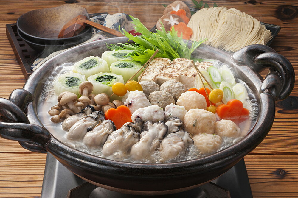 【期間限定 ポイント還元中】 送料無料 「阿藻珍味」 広島牡蠣と海鮮つみれ鍋セット 牡蠣255g×2、麺100g×2、海老つみれ4粒×2、たこつみれ4粒×2、藻...