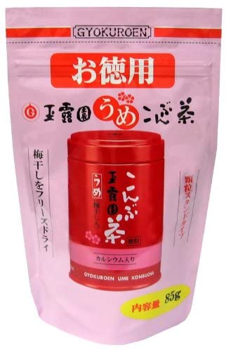 商品説明名称梅こんぶ茶（カルシウム入り） 原材料名 食塩（国内製造）、砂糖、梅干(梅(紀州産)昆布（北海道産）、デキストリン/調味料（アミノ酸等）、コーラルカルシウム,酸味料、香料 内容量85g賞味期限 枠外右部記載（開封前）保存方法 高温及び多湿の所を避けてください。 製造者玉露園食品工業(株)東京都文京区関口1-13-19広告文責 株式会社茶の木村園0120-397575