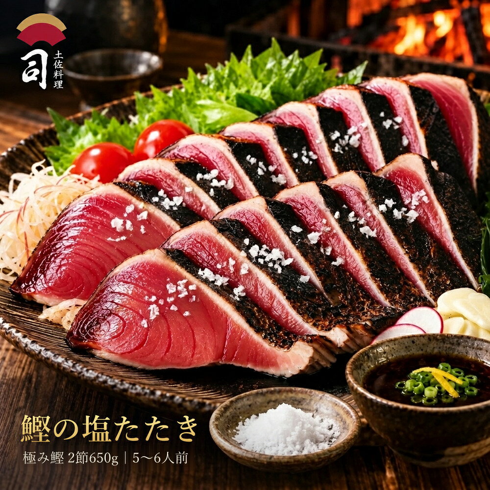 土佐料理と言えば まずは「鰹たたき」。 中でも当店のたたきは、全国にファンがいるほど人気の逸品です。 「この店のたたきを、時々無性に食べたくなる」「この店のを食べて、たたきが好物になった」そんな風に言って、お店に通ってくださるお客様、お取り寄せしてくださるお客様が大勢いらっしゃいます。 表面をいっきに高温で焼き上げる「炭火焼き製法」が旨さの秘訣。目を閉じれば、板前たちが炭火で炙る音が聞こえてくるような、鼻をくすぐる、焼き目の香ばしさ。口の中であふれ出す濃厚な旨み。老舗料亭にて創業時よりこの味をどうぞ。 この鰹ならではのお召し上がり方は、塩たたき。 鮮度を伝える香り、しっかりした身質と脂ののりから生まれるコクと旨み、極上鰹だけが持つ特別な鰹の味、極限られた季節だけにしか味わえない味覚を、時を問わずして満喫していただけます。 土佐ゆず香る料亭仕込み、秘伝のたれ(ゆずぽん酢)でいただく鰹のたたき、室戸海洋深層水塩で味わう土佐ならではの味覚、塩たたき、二通りの鰹のたたきがお楽しみいただけます。 土佐料亭こだわりの逸品。ご家庭用にご贈答品として是非ご利用くださいませ。 父の日・内祝い・出産祝い・結婚祝い・お祝い・お返し・ご自宅用にも最適 名称 鰹塩たたき 2節入りセット 内容量 ●鰹塩たたき2節（2節合計650g） ●特製ゆずぽん酢（300ml） ●薬味入り ●室戸海洋深層水塩（10g×2袋） 商品ケースサイズ：35.8（縦）×15（横）×9（高さ）cm 原材料 ・生食用鰹のたたき：かつお（北西太平洋） ・ぽん酢しょうゆ：本醸造醤油（大豆・小麦含む）、かんきつ果汁（柚子（高知県）、直七（高知県））、醸造酢、発酵調味料、昆布だし、合わせだし（煮干、さば節、かつお節）、酵母エキス、食塩、調味料（アミノ酸） ・おろしにんにく：にんにく、食塩、pH調整剤 ・おろし生姜：しょうが、酒精、食塩、pH調整剤、酸化防止剤（V.C）、糊料（キサンタン） ・わさび：西洋わさび、本わさび、還元水飴、食塩/香料、pH調整剤、着色料（紅花黄、クチナシ）、ビタミンC ・室戸海洋深層水塩：食塩 賞味期限 発送日より冷凍で30日　※外箱左側面に記載 保存方法 冷凍 お召し上がり方 1. まず、解凍。真空包装からお皿に出してラップをかけずに、冷蔵庫で4〜5時間かけて解凍。芯が少し残るくらいがいい頃合い。※お急ぎの場合は真空包装のまま流水で20分〜30分解凍。2. いざ、炙る皮目側を強火の近火で焼いて、香ばしさをつける。食べ頃まで炙ってあるので、焼きすぎは禁物。温かな旨みが「塩たたき」の本領なので、焼いたあと氷水に漬けるのは厳禁。3. さあ、仕上げ1センチ厚に切り、塩をパラパラ。最後に手でやさしくたたき、味をなじませる。お好みで一緒に、にんにく、千切り野菜、柑橘類などと、温かいうちにどうぞ。※商品到着後なるべく早くお召し上がりください。※器は商品に含まれません。 販売者 株式会社 土佐料理 司〒781-5103高知県高知市 大津乙1910-19088-866-1411 配送 冷凍便配送 　 こちらもおすすめ！当店人気アイテム 今、これが売れてます！当店人気ランキング 土佐料理司について 土佐料理 司（つかさ）は、大正6年（1917年）創業の老舗であり、「土佐料理」の名付け親として知られています。 地元高知はもとより、大阪、東京にも暖簾を掲げ古くから高知県の人々が育み、受け継いできた食文化を「土佐料理発祥の店」として広めてまいりました。 極上の鰹を追い求めてたどり着いた司のこだわり ◎一本釣り 巻き網漁に比べて漁獲量や効率は劣りますが、今でも伝統の一本釣りを守っているのは、網の中で鰹同士が擦れ合い、身が傷ついて鮮度が落ちるのを防ぐため。さらに、釣り上げた鰹がダメージを受けないよう船上には衝撃クッションを設置しています。 ◎大きすぎず小さすぎないたたきに最適な鰹だけ厳選 刺身やたたきにして一番おいしいのは、2.5kg〜4kgの鰹。まずはサイズを限定し、さらにその中から職人の目利きによって、刺身やたたきに最適な鰹だけを厳選します。 ◎究極の鮮度 超低温冷却装置を備えた船でのみ漁を行い、鰹を釣り上げたら船の上で瞬時に急速冷凍。−50℃で保存し、釣り立ての鮮度を保ちます。ご家庭に届いて解凍すれば、その鮮度のまま一番おいしい状態で味わえます。 ◎炭火焼製法へのこだわり 一気に1000℃まで高温になり、遠赤外線効果で瞬時においしく焼きあげる炭火焼製法は、当店が独自に開発した方法。他では真似できないこの焼き方なら、皮目はパリッと香ばしく、中は極上レアの絶妙な仕上がりに。 鰹の塩たたきの美味しいお召し上がり方 1. まず、解凍。真空包装からお皿に出してラップをかけずに、冷蔵庫で4〜5時間かけて解凍。芯が少し残るくらいがいい頃合い。※お急ぎの場合は真空包装のまま流水で20分〜30分解凍。2. いざ、炙る皮目側を強火の近火で焼いて、香ばしさをつける。食べ頃まで炙ってあるので、焼きすぎは禁物。温かな旨みが「塩たたき」の本領なので、焼いたあと氷水に漬けるのは厳禁。3. さあ、仕上げ1センチ厚に切り、塩をパラパラ。最後に手でやさしくたたき、味をなじませる。お好みで一緒に、にんにく、千切り野菜、柑橘類などと、温かいうちにどうぞ。 アイテム関連ワード 土佐料理, 土佐料理セット, 高知名物, 高知グルメ, 土佐グルメ, 老舗料亭, 一本釣り鰹, 鰹のたたき, 炭火焼きタタキ, 皿鉢料理, 土佐しゃぶ, 土佐黒毛和牛, うつぼ料理, 鯨料理, 高知の味, お取り寄せグルメ, ギフトセット, お歳暮ギフト, お中元ギフト, 父の日ギフト, 母の日ギフト, 敬老の日ギフト, 高知直送, 魚介セット, ご飯のお供, 晩酌セット, おつまみセット, 海鮮鍋セット, ご当地グルメ, 郷土料理, 産地直送, 天然魚, 高知の海鮮, 和牛ステーキ, 高知の牛肉, 土佐名産, 本場の味, 名店の味, 高知ランチ, 高知の人気店, プレミアムギフト, 料亭の味, 老舗の味, BBQ食材, アウトドアグルメ, 高級食材, 日本酒に合う, こだわり食材, 直営店グルメ【対象】 ギフト 贈り物 ごちそう お取り寄せ　グルメ お取り寄せグルメ 送料無料 低糖質 楽天市場ショッピング 商品一覧 お取り寄せ 無添加 食品 特別価格 ご飯のお供 糖質制限 激安 詰め合わせ 食べ物 糖質オフ 冷凍食品 冷凍 恵方巻き 恵方巻 具材 予約 母の日 母の日ギフト 海の幸 魚 鰹 かつお たたき かつおのたたき 鰹のたたき 魚介類 土佐料理 土佐料理司 土佐司 土佐 高知 つまみ おつまみ 酒のつまみ 酒の肴 酒のアテ 父の日ギフト 父の日 プレゼント 実用的 食べ物 ギフト 御中元 お中元 お中元ギフト 御中元ギフト お歳暮 高級冷凍食品 バレンタイン チョコ以外 誕生日プレゼント 高級食材 土佐料理司について 土佐料理 司（つかさ）は、大正6年（1917年）創業の老舗であり、「土佐料理」の名付け親として知られています。 地元高知はもとより、大阪、東京にも暖簾を掲げ古くから高知県の人々が育み、受け継いできた食文化を「土佐料理発祥の店」として広めてまいりました。 極上の鰹を追い求めてたどり着いた司のこだわり ◎一本釣り 巻き網漁に比べて漁獲量や効率は劣りますが、今でも伝統の一本釣りを守っているのは、網の中で鰹同士が擦れ合い、身が傷ついて鮮度が落ちるのを防ぐため。さらに、釣り上げた鰹がダメージを受けないよう船上には衝撃クッションを設置しています。 ◎大きすぎず小さすぎないたたきに最適な鰹だけ厳選 刺身やたたきにして一番おいしいのは、2.5kg〜4kgの鰹。まずはサイズを限定し、さらにその中から職人の目利きによって、刺身やたたきに最適な鰹だけを厳選します。 ◎究極の鮮度 超低温冷却装置を備えた船でのみ漁を行い、鰹を釣り上げたら船の上で瞬時に急速冷凍。−50℃で保存し、釣り立ての鮮度を保ちます。ご家庭に届いて解凍すれば、その鮮度のまま一番おいしい状態で味わえます。 ◎炭火焼製法へのこだわり 一気に1000℃まで高温になり、遠赤外線効果で瞬時においしく焼きあげる炭火焼製法は、当店が独自に開発した方法。他では真似できないこの焼き方なら、皮目はパリッと香ばしく、中は極上レアの絶妙な仕上がりに。 鰹の塩たたきの美味しいお召し上がり方 1. まず、解凍。真空包装からお皿に出してラップをかけずに、冷蔵庫で4〜5時間かけて解凍。芯が少し残るくらいがいい頃合い。※お急ぎの場合は真空包装のまま流水で20分〜30分解凍。2. いざ、炙る皮目側を強火の近火で焼いて、香ばしさをつける。食べ頃まで炙ってあるので、焼きすぎは禁物。温かな旨みが「塩たたき」の本領なので、焼いたあと氷水に漬けるのは厳禁。3. さあ、仕上げ1センチ厚に切り、塩をパラパラ。最後に手でやさしくたたき、味をなじませる。お好みで一緒に、にんにく、千切り野菜、柑橘類などと、温かいうちにどうぞ。 アイテム関連ワード 土佐料理, 土佐料理セット, 高知名物, 高知グルメ, 土佐グルメ, 老舗料亭, 一本釣り鰹, 鰹のたたき, 炭火焼きタタキ, 皿鉢料理, 土佐しゃぶ, 土佐黒毛和牛, うつぼ料理, 鯨料理, 高知の味, お取り寄せグルメ, ギフトセット, お歳暮ギフト, お中元ギフト, 父の日ギフト, 母の日ギフト, 敬老の日ギフト, 高知直送, 魚介セット, ご飯のお供, 晩酌セット, おつまみセット, 海鮮鍋セット, ご当地グルメ, 郷土料理, 産地直送, 天然魚, 高知の海鮮, 和牛ステーキ, 高知の牛肉, 土佐名産, 本場の味, 名店の味, 高知ランチ, 高知の人気店, プレミアムギフト, 料亭の味, 老舗の味, BBQ食材, アウトドアグルメ, 高級食材