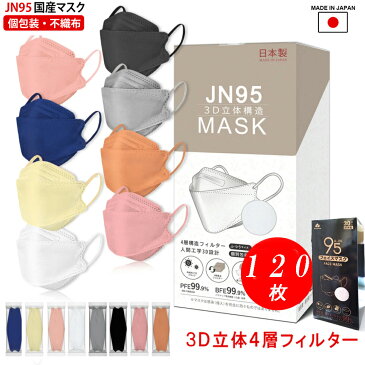 マスク 不織布 カラー カラーマスク 日本製 立体 JN95 正規品 120枚 セット 【即納 送料無料】N95マスク 同等 個別包装 医療用クラス 高性能 立体 4層構造 3D 立体マスク 大人 高性能 血色マスク くちばし 韓国型 柳葉型 カケンテスト 済 ポイント消化 ポイント消費