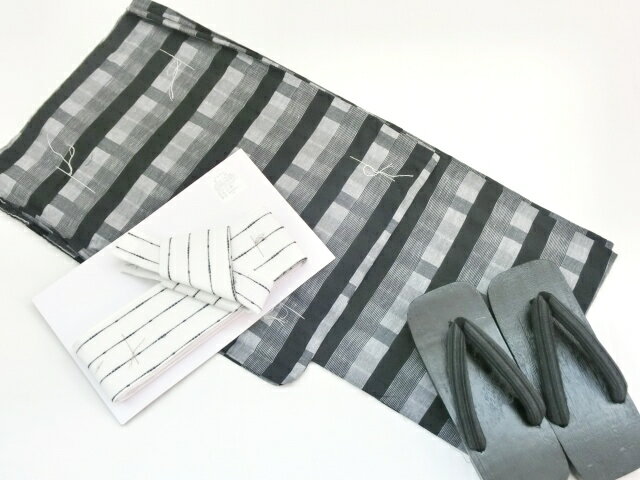 男物浴衣3点セット LLサイズ 綿麻浴衣+ワンタッチ綿麻角帯+下駄 選べる福袋 大きいサイズ 麻混 メンズ浴衣セット 紳士 男物 yukata 浴衣 大人 浴衣...