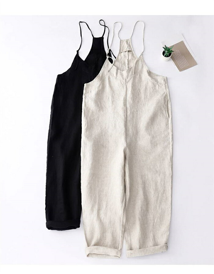 RAKKI.SHOPのサロペット パンツ レディース 夏 リネンサロペット 涼しい オールインワン ストレートパンツ ワイドパンツ 通気性 きれいめ リネン風パンツ 夏 ナチュラル シンプル vネック 調節可 ポケット 低身長 短め 薄手 サロペ ワイドサロペ｜アングル3