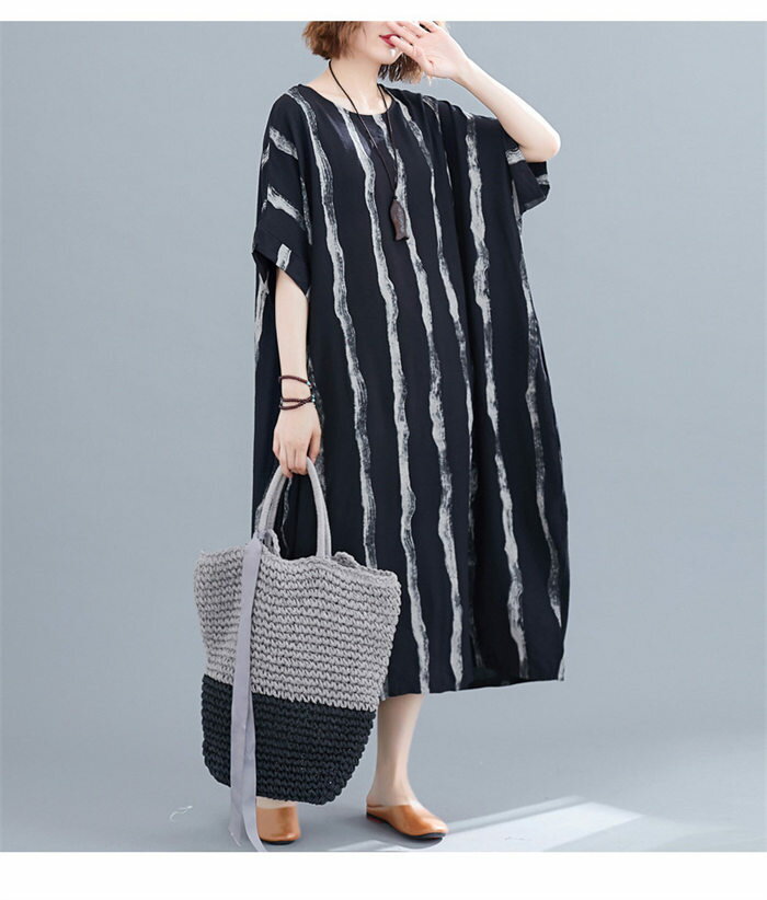 ロングワンピース 半袖 夏 半袖ワンピース レディース ストライプ マキシワンピース ドルマン プリントワンピース ワンピース コクーン 大きいサイズ ロングワンピ 夏ワンピース 体型カバー マキシ丈 ゆったり リゾート リネン ポケット付き 着痩せ リラックス 部屋着