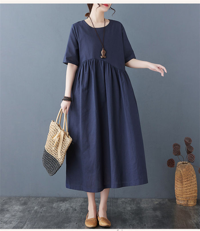 ロングワンピース 大きいサイズ ワンピース マキシ丈 無地 夏 半袖ワンピース 綿麻風 ゆったり ロングワンピ マキシワンピース ラウンドネック ギャザー入り リゾート 五分袖 フレア 切替 シンプル 通気性 コットン リネン 部屋着 ルームウェア リラックス 40代 50代 60代