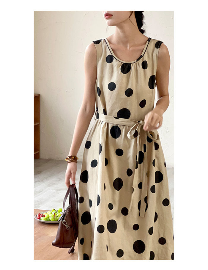 ロングワンピース ノースリーブ 夏 夏ワンピース ワンピース レディース 水玉 マキシワンピース キャミ Aライン ロングワンピ 大きいサイズ 体型カバー ラウンドネック ゆったり ワンピ 夏ワンピ 夏物 リラックス ベルト付き お洒落 通気性 薄手