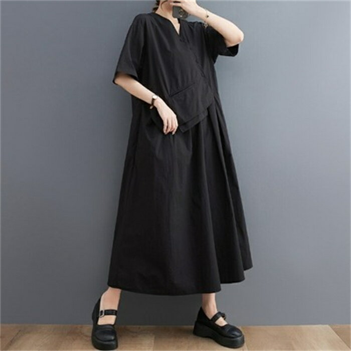 シャツワンピース ロングワンピース 夏 ワンピース レディース vネック aラインワ...