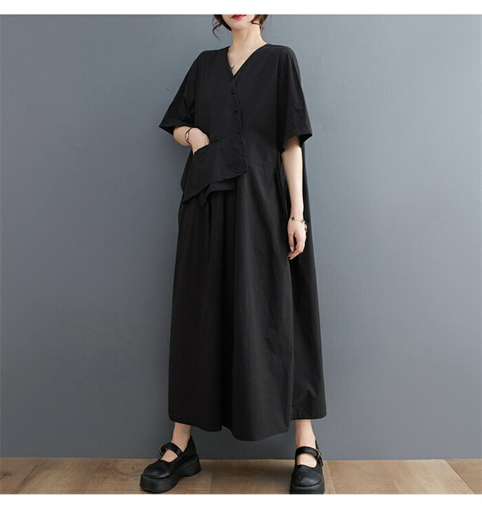 シャツワンピース ロングワンピース 夏 ワンピース レディース vネック aラインワ...